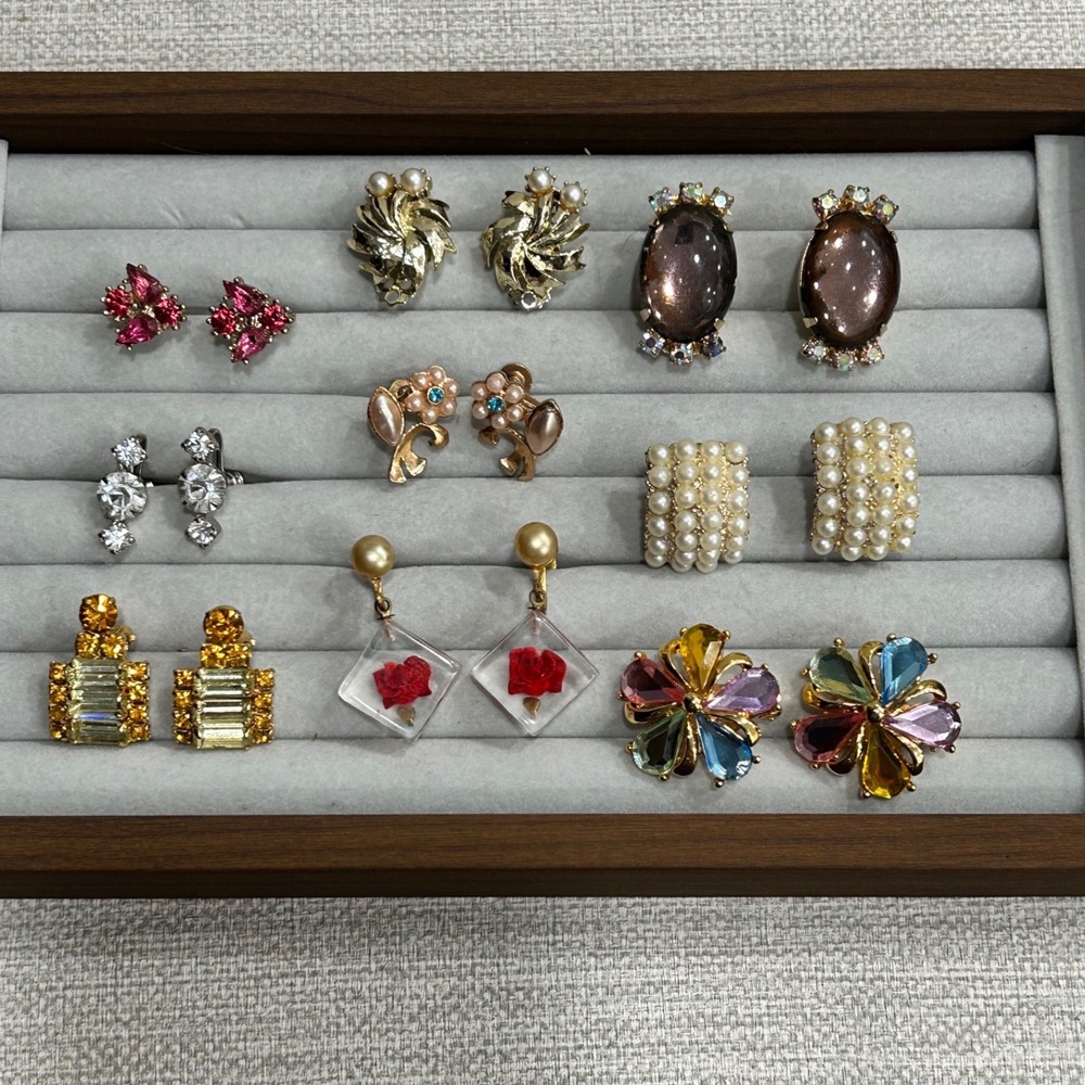 Rhinestone Pearl Earring Lot 10 Pairs Clip On Screw Back Floral Multi Vintage